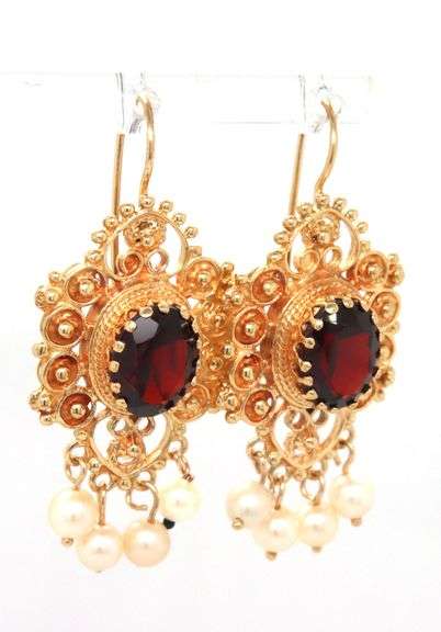 14kt Yellow gold Reproduction Victorian oval garnet and pearl drop earrings
