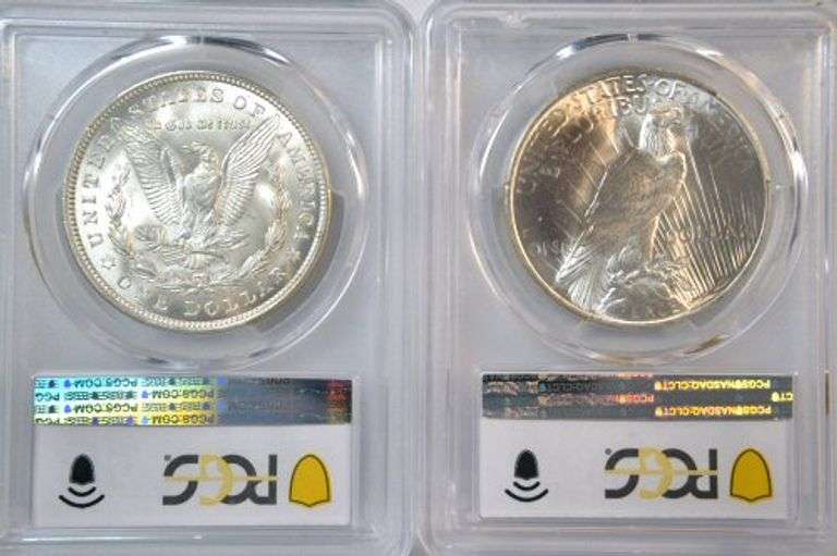 Nearly Gem BU 1921 Morgan & 1923 Peace Silver Dollars. PCGS MS64