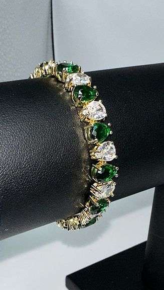 18 Kt Gold Plated 32.5 Ctw Simulated Green Emerald and Diamond Tennis Bracelet