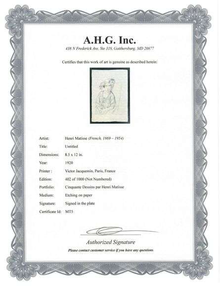 Very rare Henri Matisse etching signed in the plate, C.1920, from the series of Cinquante Dessins