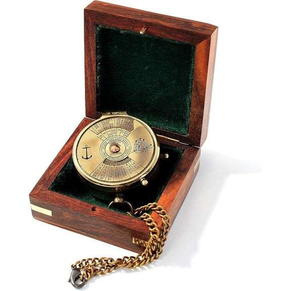 Brass Pocket Navigation Calendar Compass with Chain