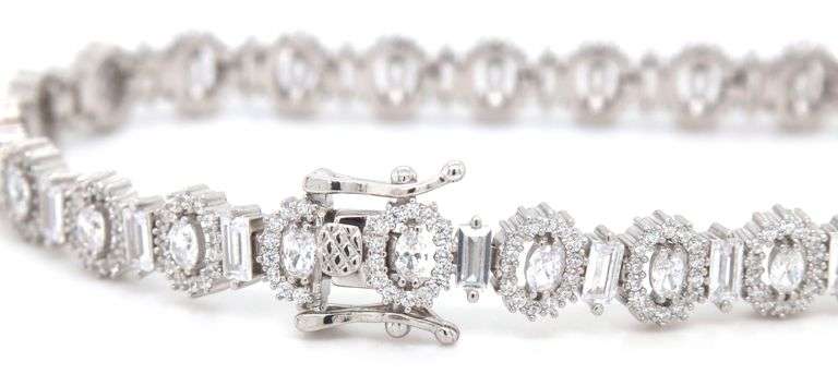925 Sterling silver oval and baguette cubic zirconia link bracelet