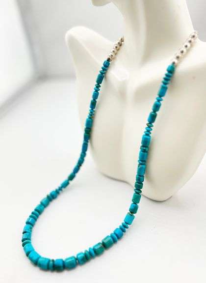 925 Sterling Silver Southwestern Style Turquoise Bead And Silver Brads Necklace
