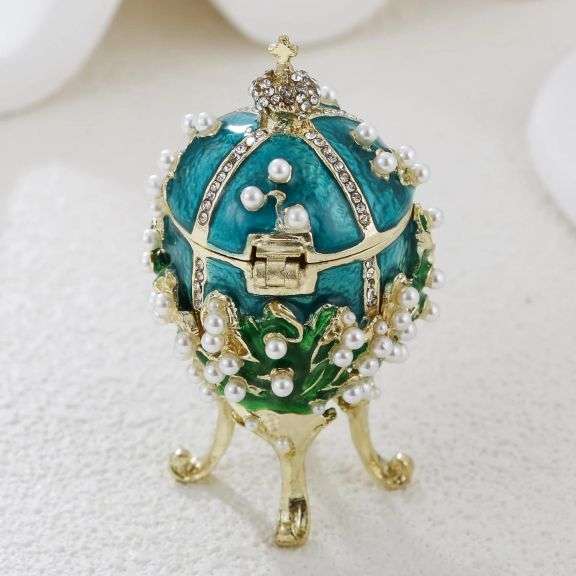 Hand Painted Enamel Pearl Flower Fabergé Egg Trinket Box – Unique Hinged Green Jewelry Organizer