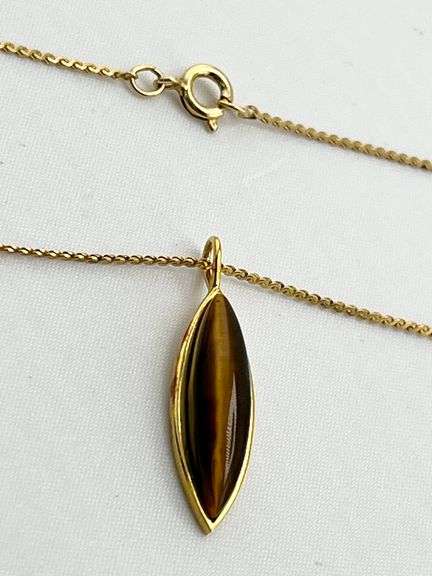 14KT Yellow Gold Filled Drop Tiger Eye Pendant Necklace