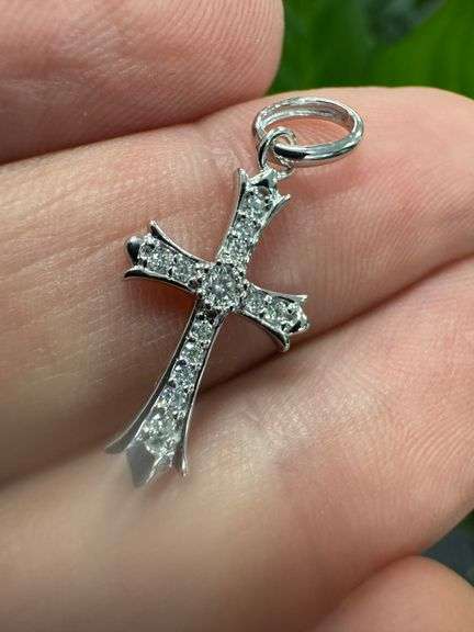 Rhodium Plated 925 Sterling Silver Moissanite Encrusted Fleur-De-Lis Cross