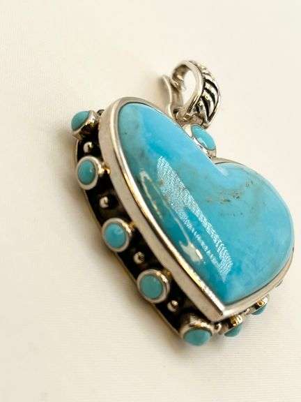 925 Sterling Silver CBARSE Heart Shape Turquoise Southwestern Style Design Pendant