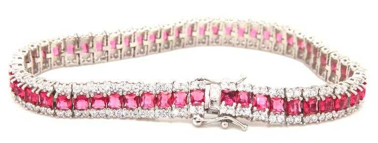 925 Sterling silver red and white cubic zirconia link bracelet
