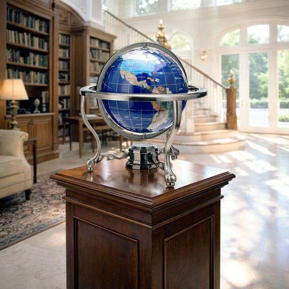Blue Lapis Gemstone Globe Silver Tripod Stand