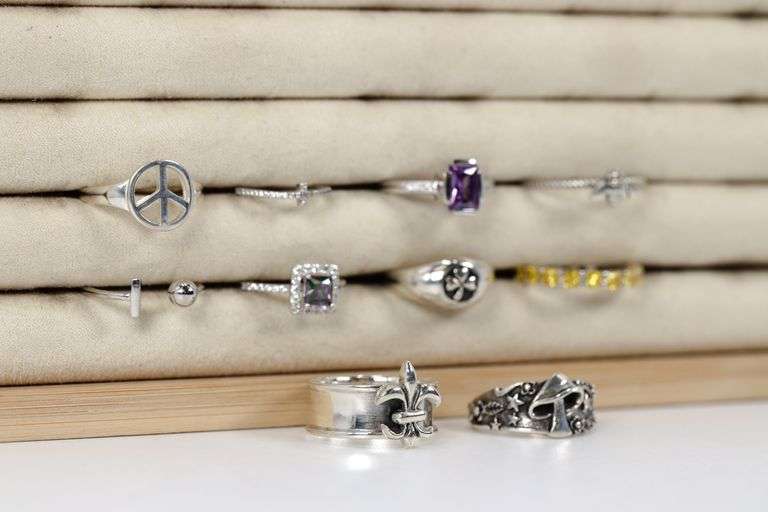 .925 Sterling Silver Curated Ring Lot of 10 Rings Various Sizes & Styles