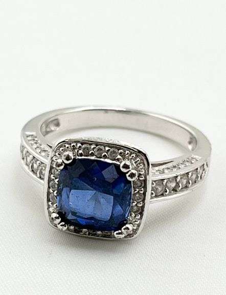 925 Sterling Silver Two Carat Blue Sapphire With CZ Halo ring