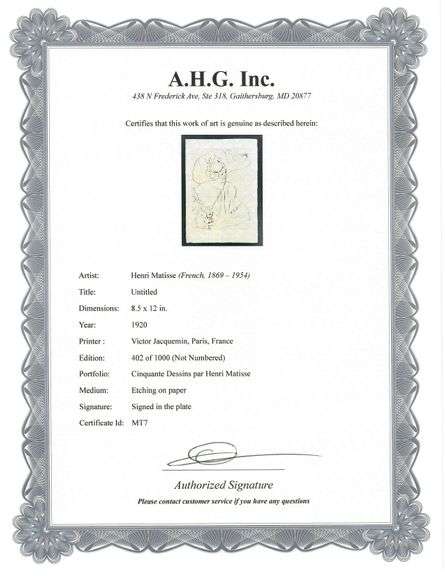 Very rare Henri Matisse etching signed in the plate, C.1920, from the series of Cinquante Dessins