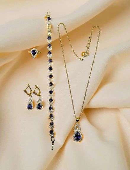 18 K Gold Plate Lab Simulated Amethyst and Diamond 4 Piece Set
