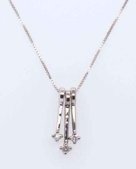 10kt White Gold 3 Bar Drop Diamond Dangle Pendant on Chain