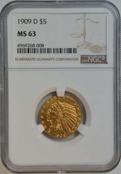 Super Choice BU and lovely 1909-D $5 Indian Gold Piece. NGC MS63