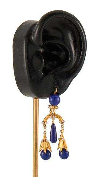 Vintage Seed Pearls and Blue Lapis Dangle Earrings in 10K