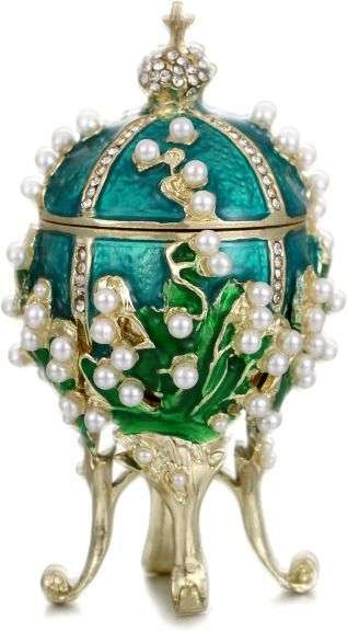 Hand Painted Enamel Pearl Flower Fabergé Egg Trinket Box – Unique Hinged Green Jewelry Organizer