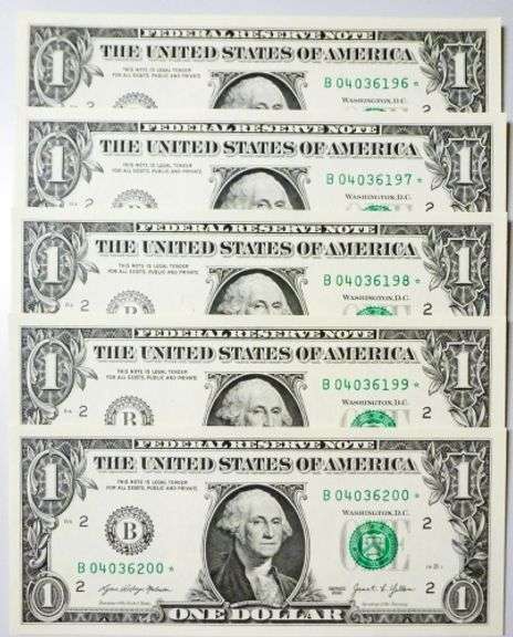 (5) Superb Crisp $1 2021 Star Replacement Notes N.Y.-Consecutive!