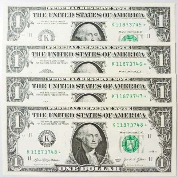 (4) Superb $1 2021 Star Replacement Notes Dallas-Consecutive!