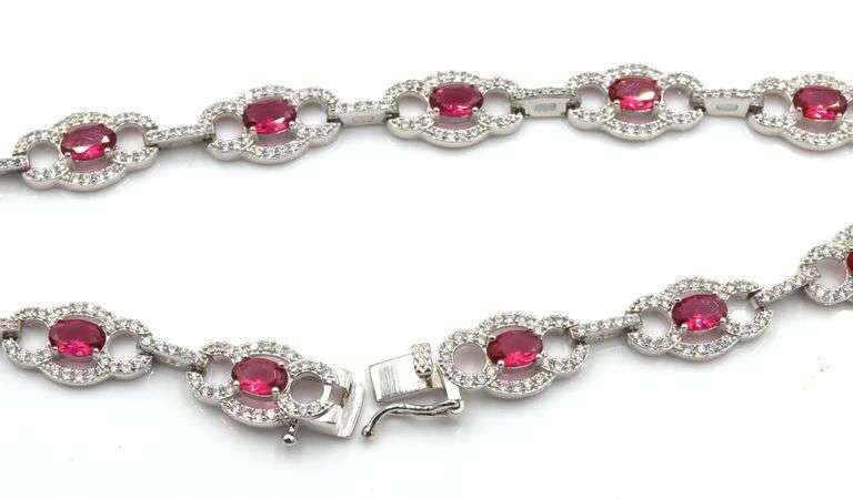 925 Sterling silver oval red and round white cubic zirconia necklace