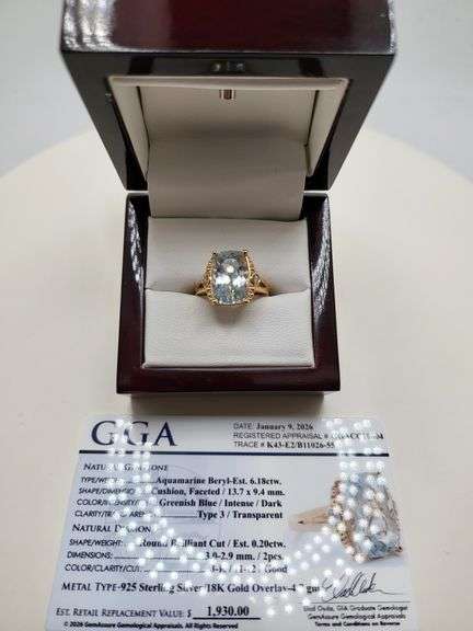 Very fine one Aquamarine 6.18 CW ring in silver 14k gold plated with diamond accent