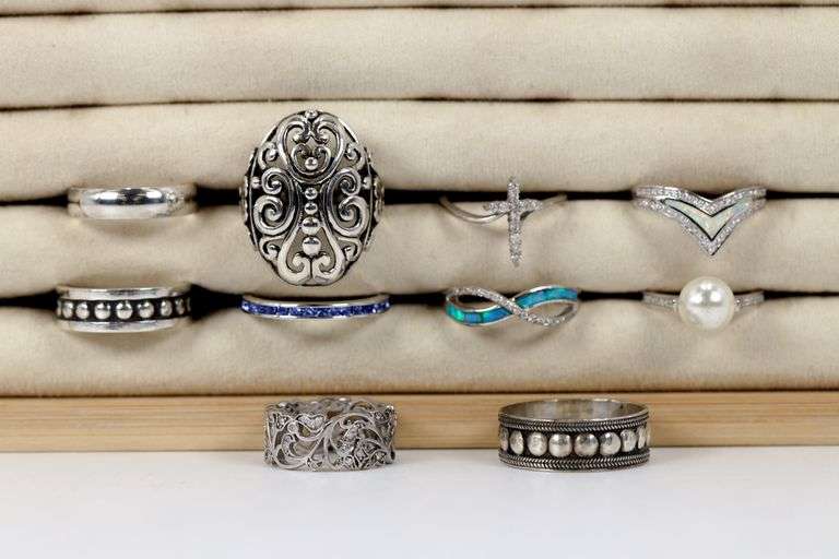 Sterling Silver .925 Curated Lot of 10 Rings Various Sizes & Styles