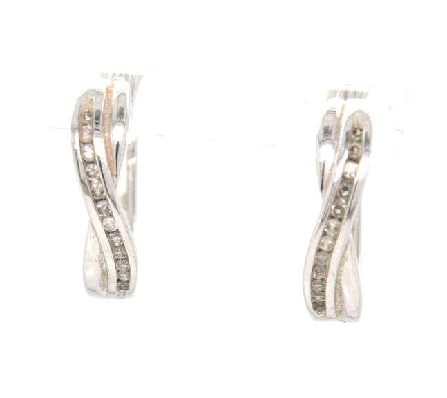 10kt White gold diamond crossover hoop earrings