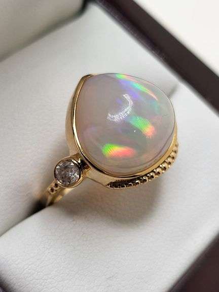 Very fine one Cabochon Pear Opal ring in silver 14k gold plated with diamond accent, 8.13 CTW