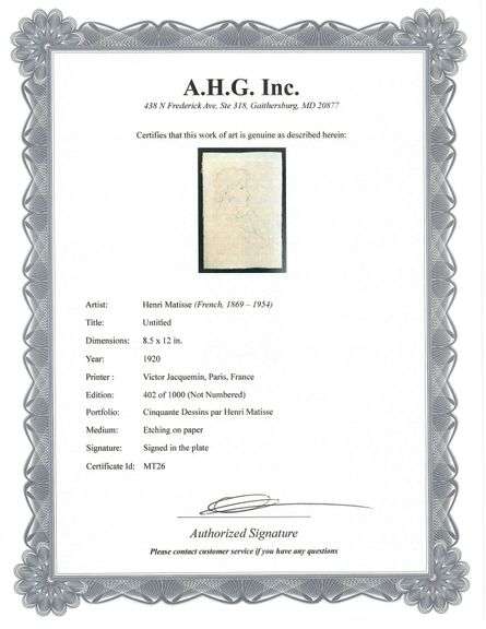 Very rare Henri Matisse etching signed in the plate, C.1920, from the series of Cinquante Dessins