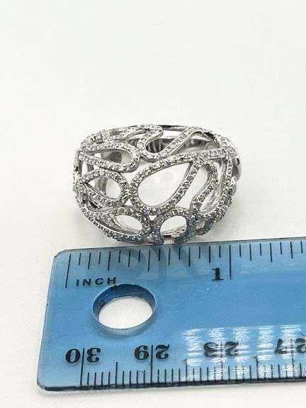 925 Sterling Silver Open Work Crystal pave Wave Scroll Motifs Ring