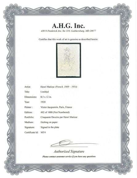 Very rare Henri Matisse etching signed in the plate, C.1920, from the series of Cinquante Dessins