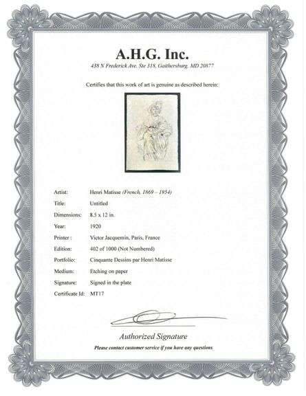 Very rare Henri Matisse etching signed in the plate, C.1920, from the series of Cinquante Dessins