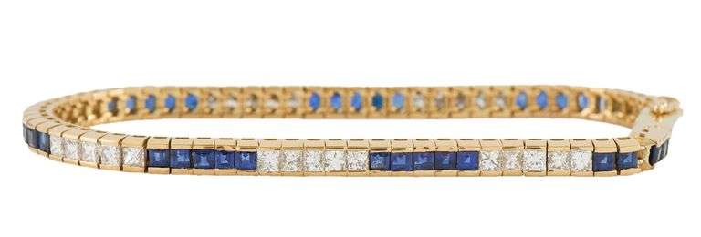 2.80ctw Princess Diamond and 3.00ctw Sapphire Tennis Bracelet in 18K