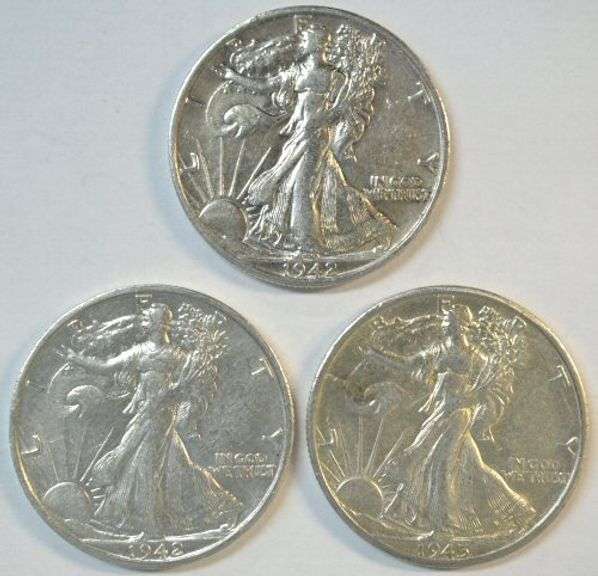 3 Nice AU Mintmarked Walking Liberty Halves: 1942-D, 1942-S, & 1945-D