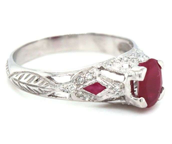10kt White gold oval ruby and diamond vintage style ring