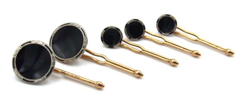Formal 14K YG Cufflinks & Shirt Stud Wuite