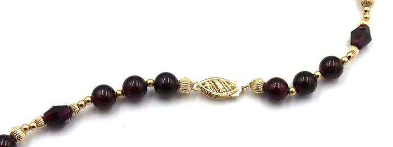 Garnet bead and gold ball beaded necklace in 14kt yellow gold