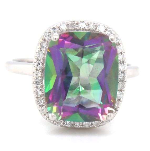 14kt White gold Cushion mystic topaz and diamond halo ring