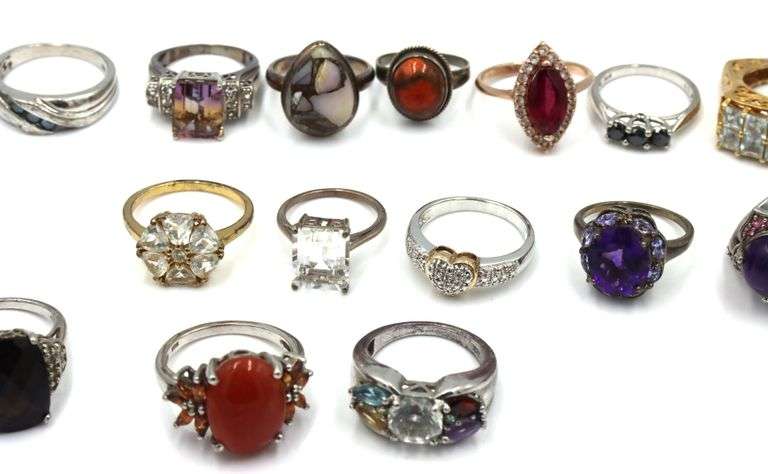 Group lot of 15 vintage 925 sterling silver gemstone rings