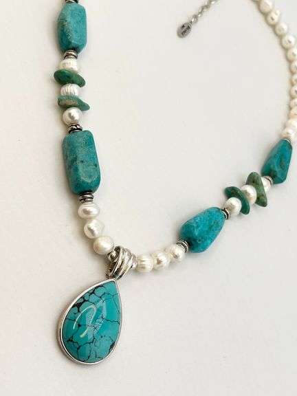 925 Sterling Silver Barse Signed Turquoise And Pearl necklace With Tear Drop Pendant