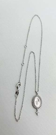 925 Sterling Silver  "Miraculous Medal" Bead Station With Virgin Mary With Small Cross Charm Necklac