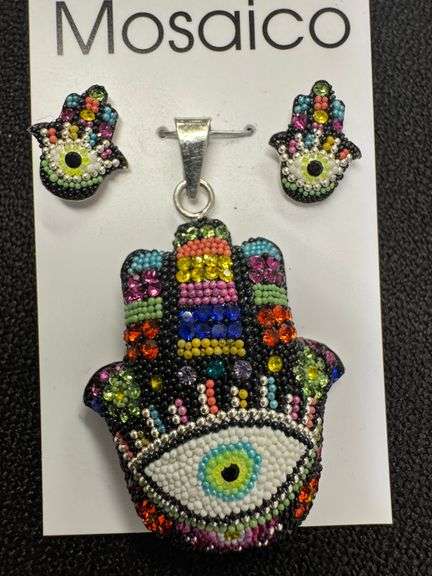 Original Handmade Mosaico Hamsa Earrings & Pendant 925 Sterling Silver Mexico Artistic Jewelry