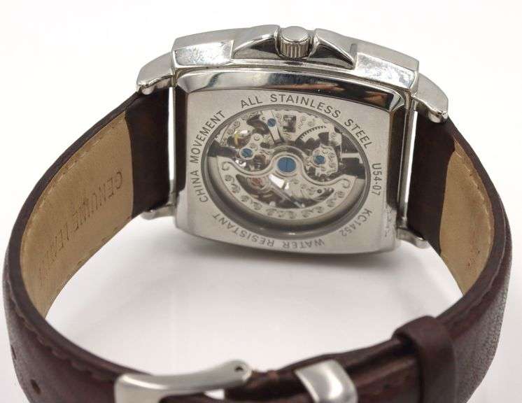 Kenneth Cole Tank Skeleton leather band watch
