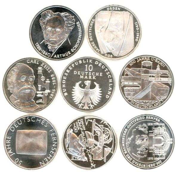8 Diff. Gem PL BU German SILVER coins: 4 10 Marks SILVER & 4 Diff German 10 Euros