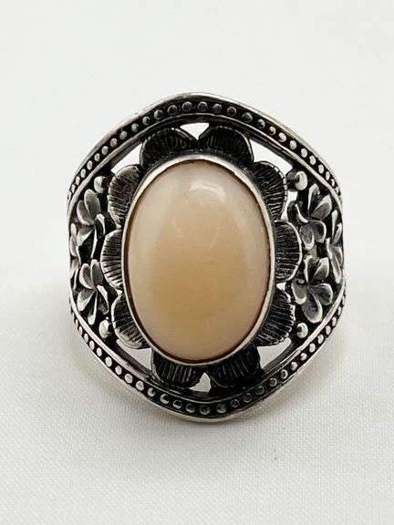 925 Sterling Silver White Bamboo Coral Set In Ornate Floral And Vine Design Ring