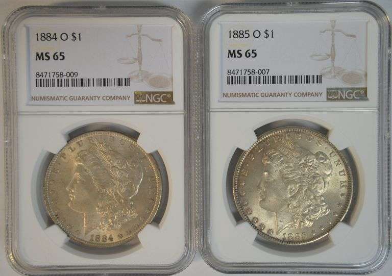 2 Beautiful Gem BU NGC MS65 graded Morgan Silver Dollars: 1884-O & 85-O