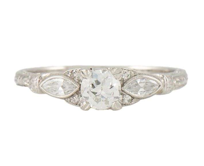 Vintage 0.55ctw European and Marquise Diamond Filigree Scroll Ring in Platinum