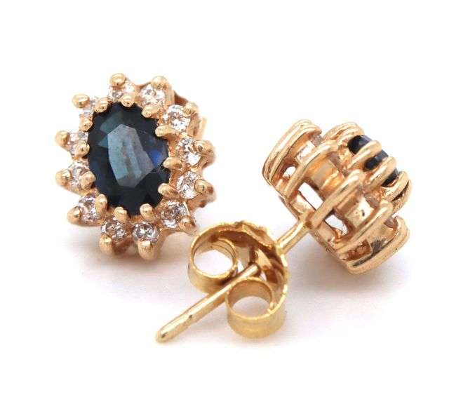 14kt Yellow gold blue sapphire and diamond earrings