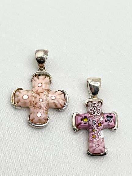 925 sterling Silver Set Of Vintage Alan K Millefiori Of Venice Murano Glass Cross Pendant
