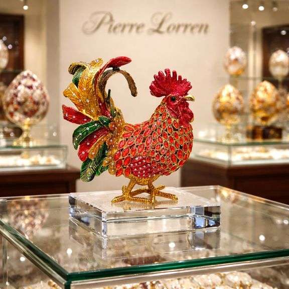 Ruby Red Faberge Rooster Jewelry Box with 24k Gold-Plating and Crystals